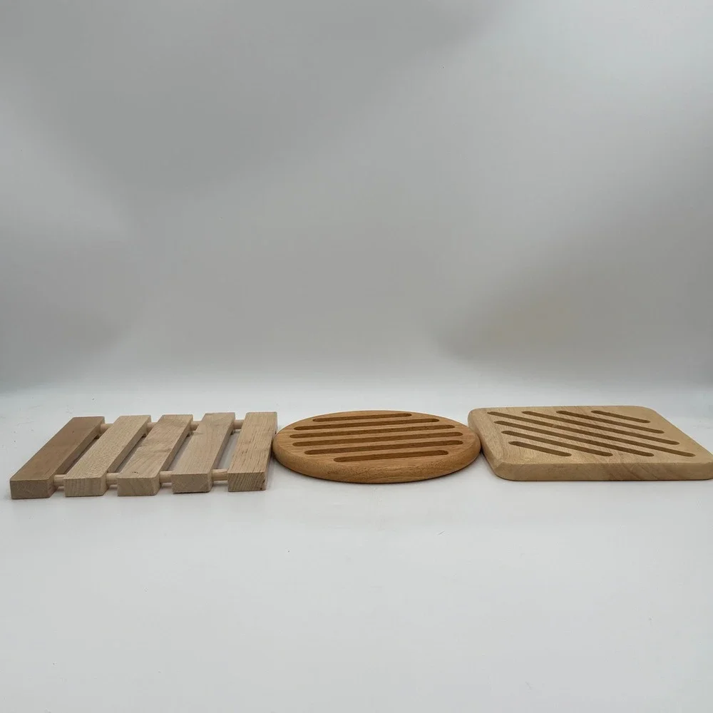 Vtg Wooden Trivet Set of 6 Natural Wood Hot Pads Square Round Slatted Slotted